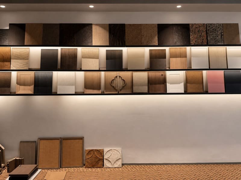 Materials and finishes sample display for custom cabinetry