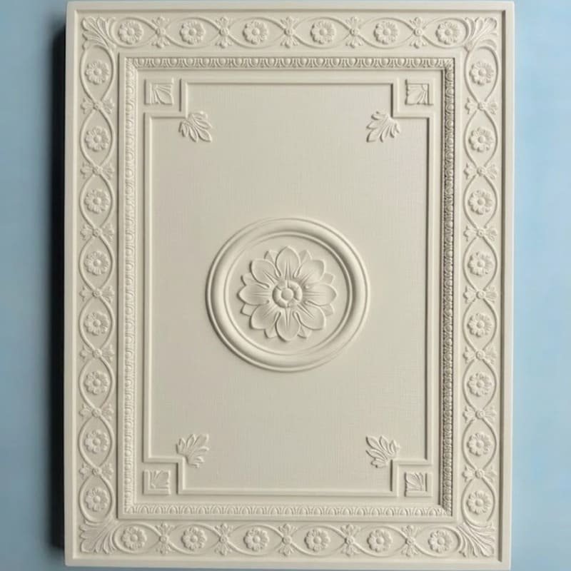 Carved relief cabinet door panel with floral decorative details