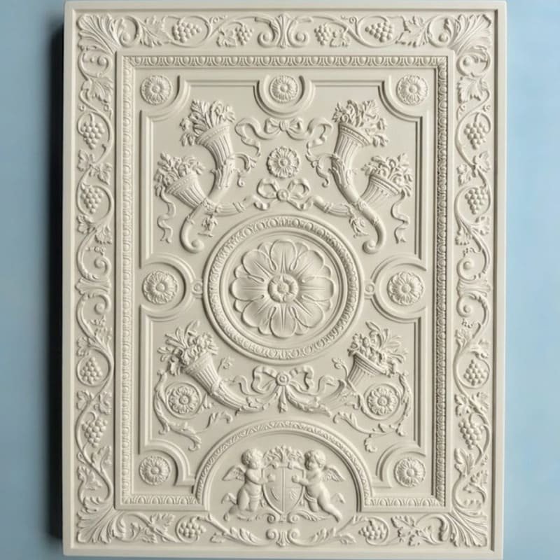 Carved relief cabinet door panel with ornate floral and classical decorative details
