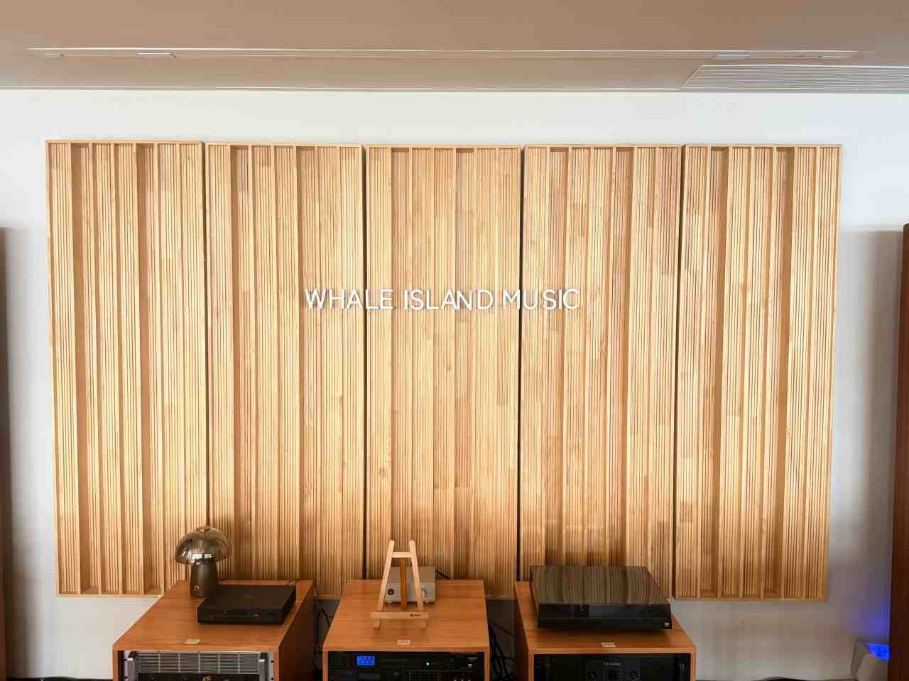 Whale Island Music decorative feature wall with custom wood slat paneling