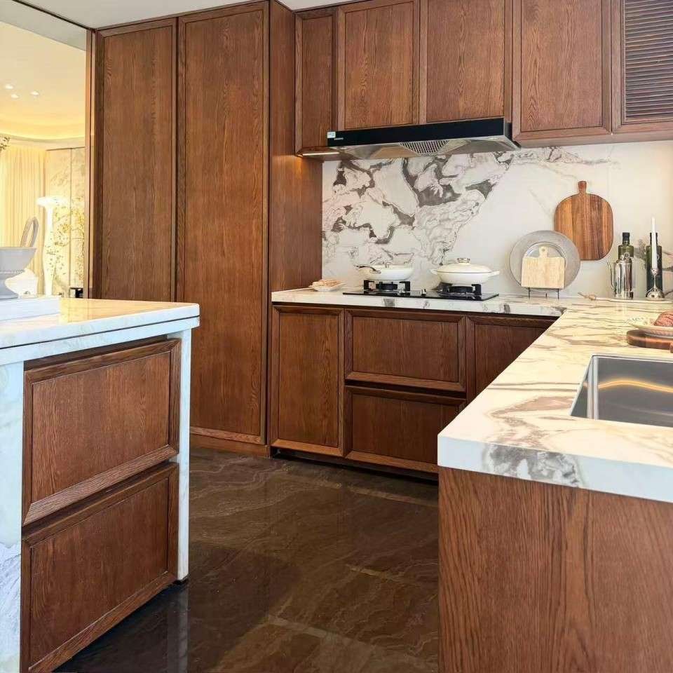 Lijia 02 showroom kitchen cabinet with wood finish