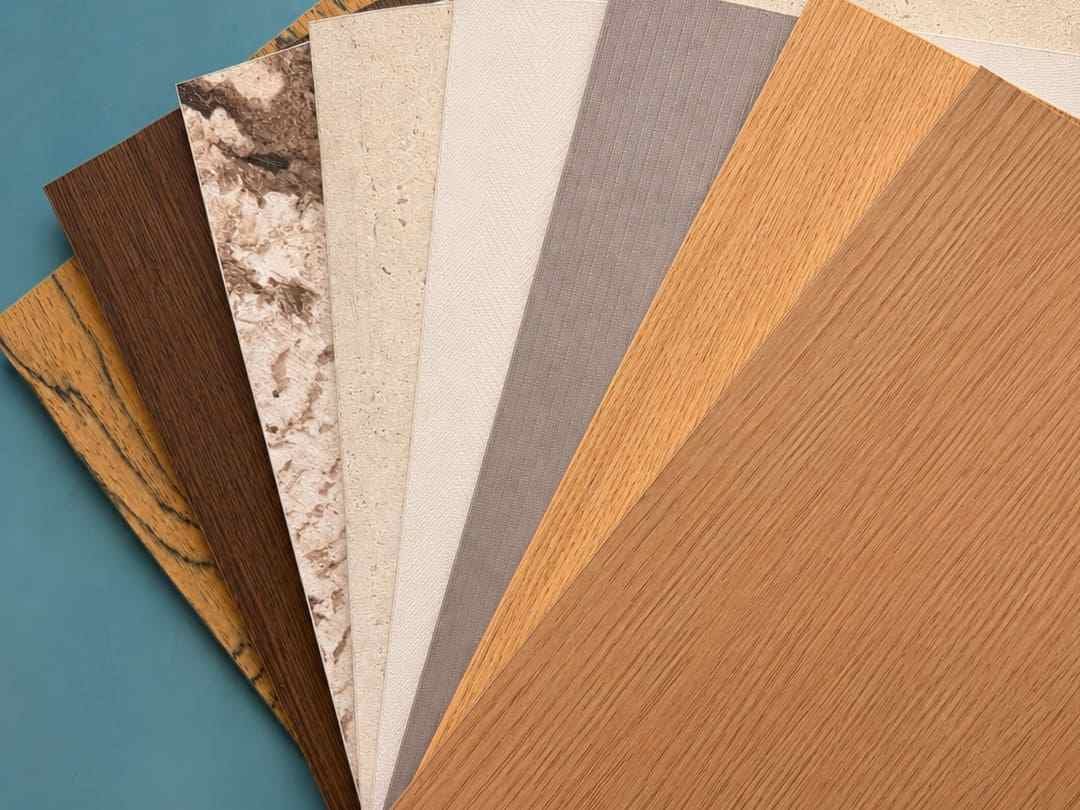Melamine finish samples with wood grain and solid color surfaces