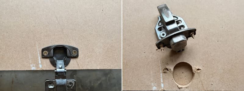 MDF hinge installation and the hinge cup hole after the hinge was removed by force