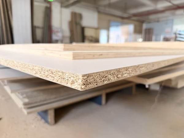 Close-up of a white melamine-faced particleboard panel showing its exposed core and edge structure