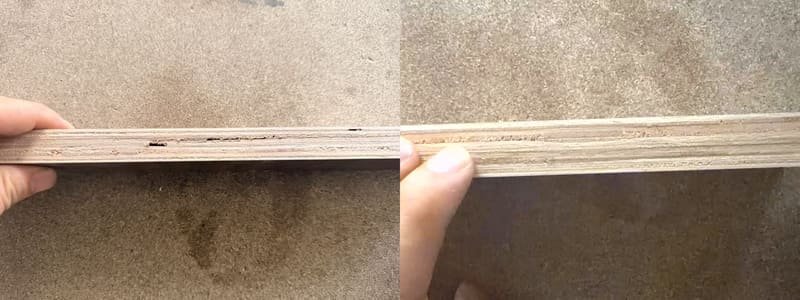 Comparison of plywood cut edges with core voids, open joints, uneven veneer layers, and overlapping veneers