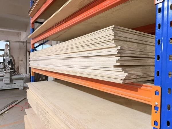 Plywood sheets stacked on storage racks in a cabinetry factory material area.