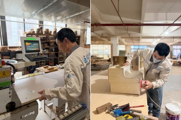 Factory comparison showing melamine panel edge banding and panel sanding before veneer application