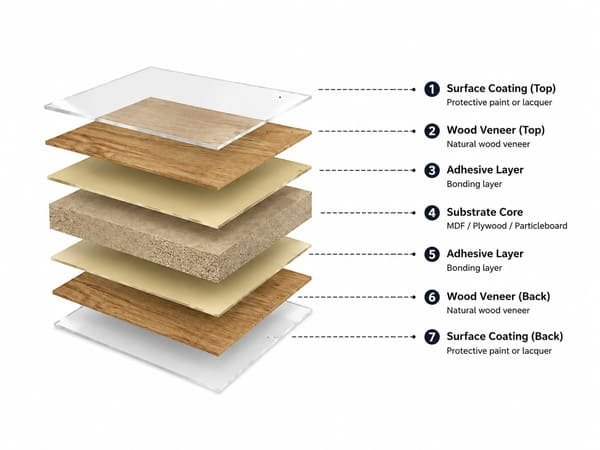 Wood veneer panel structure showing surface coating, veneer, adhesive layers, and substrate core