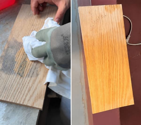Before-and-after comparison of blue-black iron stains on white oak veneer during oxalic acid treatment.