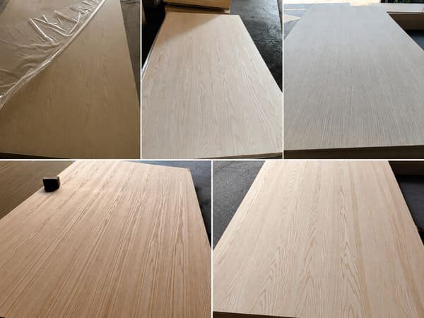 White oak veneer panels showing different grain patterns and natural variation before selection for custom cabinetry.